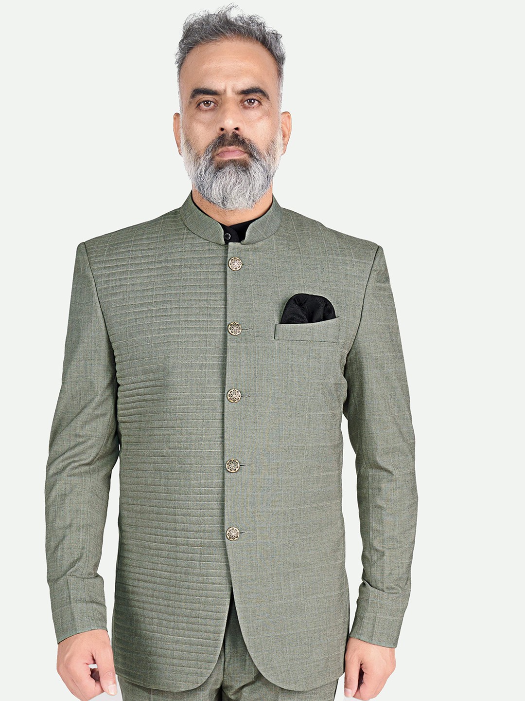 

FRENCH CROWN Mandrin Collar Bandhgala Textured Blazer, Green