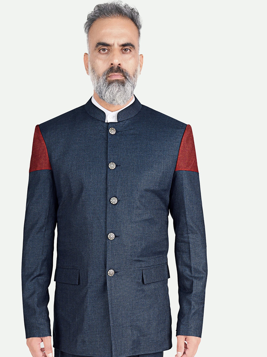

FRENCH CROWN Textured Single-Breasted Bandhgala Blazer, Blue