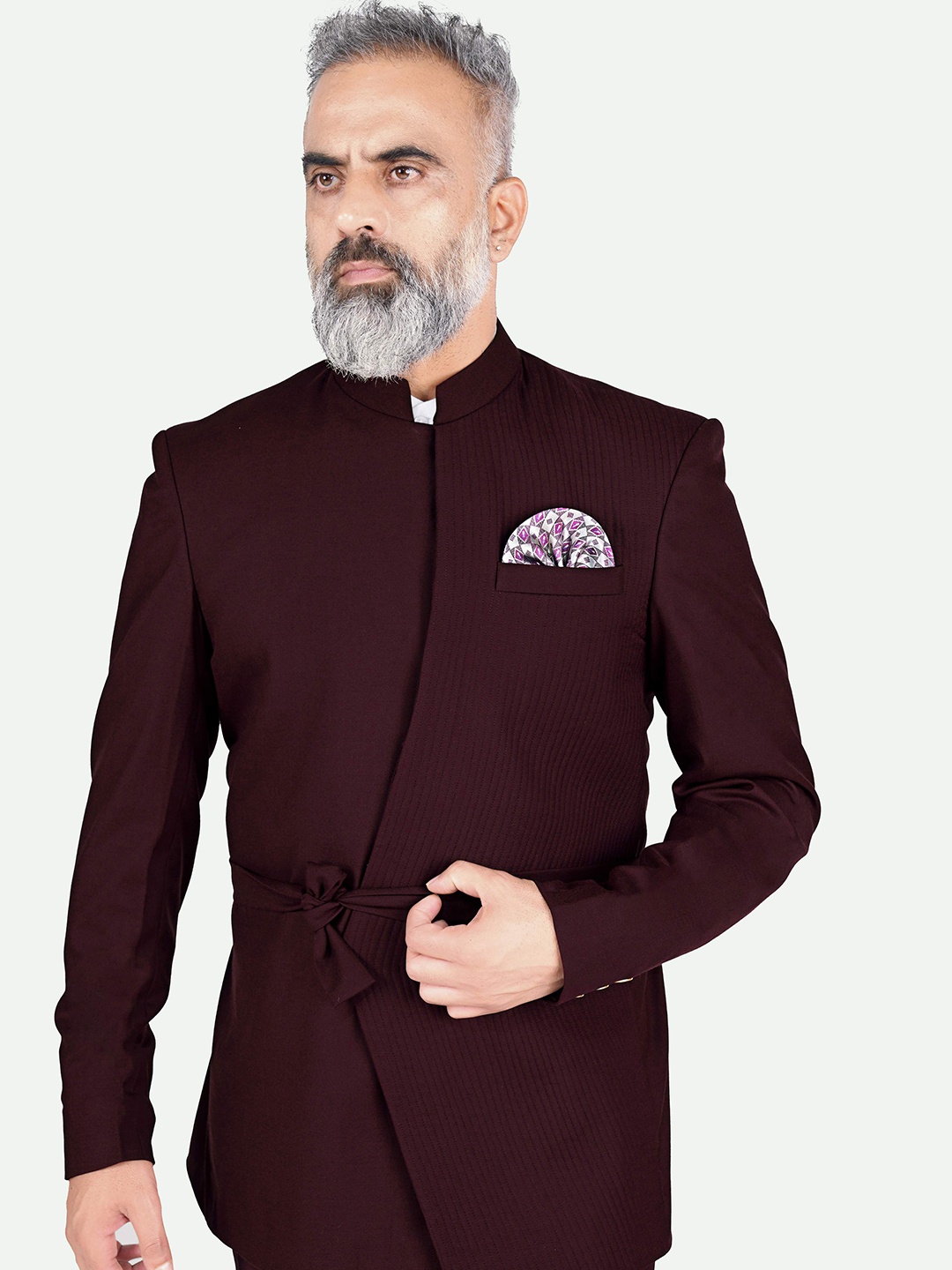 

FRENCH CROWN Manadrin Collar Textured Bandhgala Blazer, Maroon