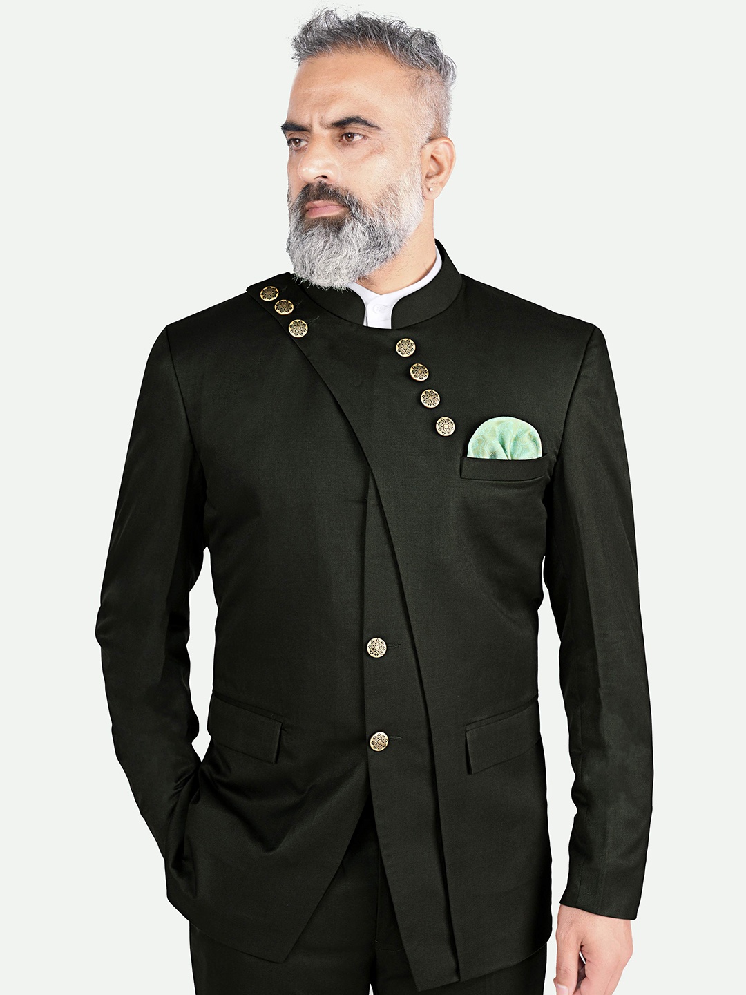 

FRENCH CROWN Bandhgala Wool Blazer, Green