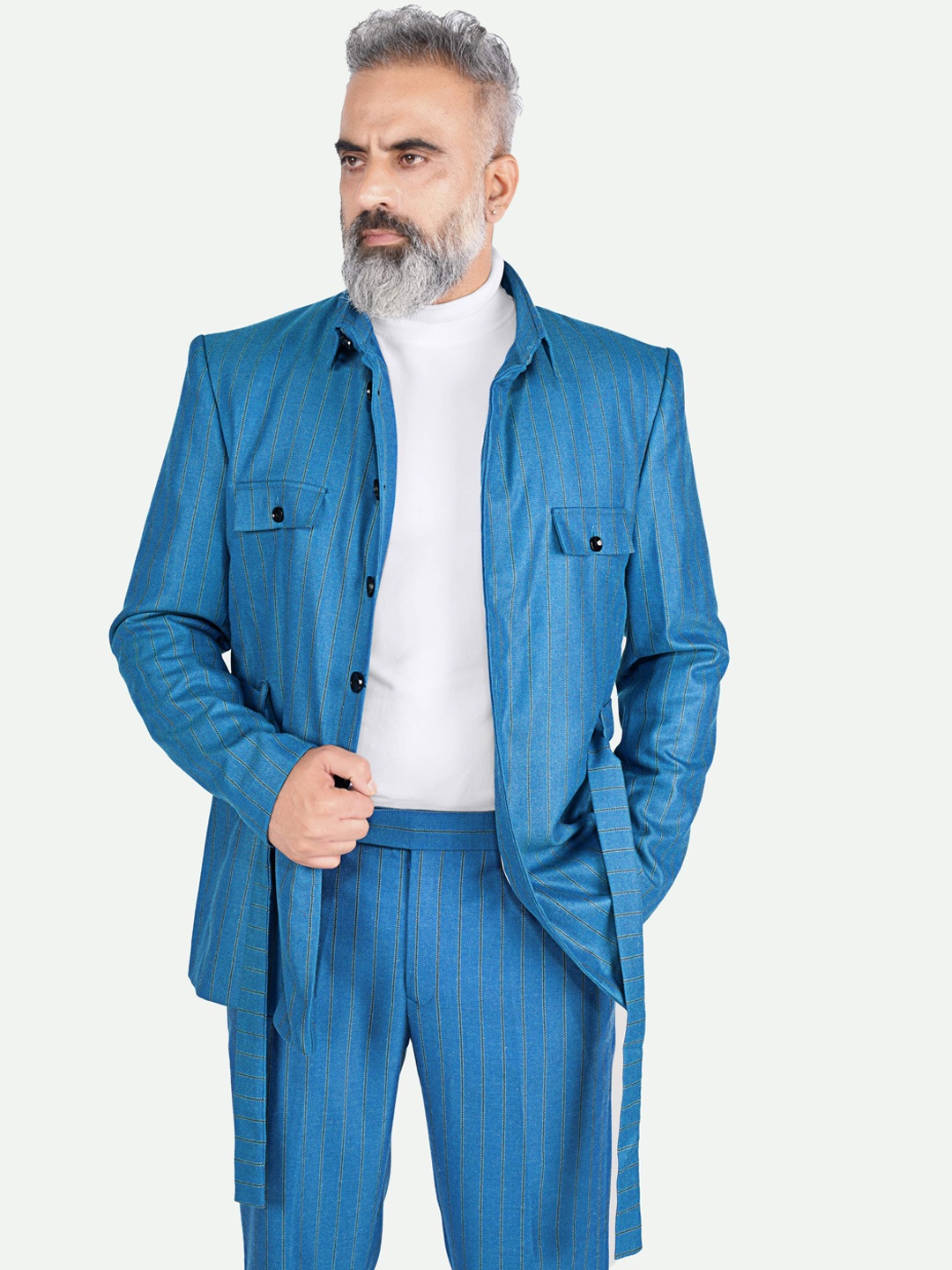 

FRENCH CROWN Premium Striped Spread Collar Belted Bandhgala Blazer, Blue