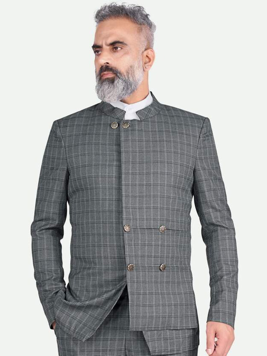 

FRENCH CROWN Checked Bandhgala Blazer, Grey