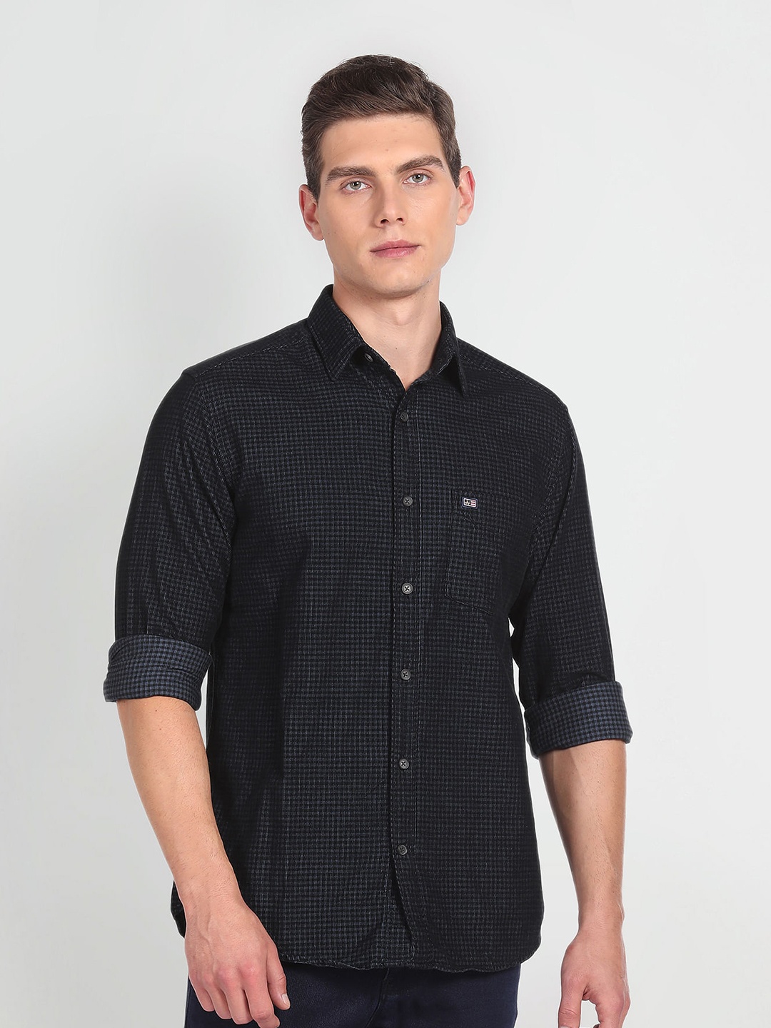 

Arrow Sport Slim Fit Checked Spread Collar Cotton Casual Shirt, Black
