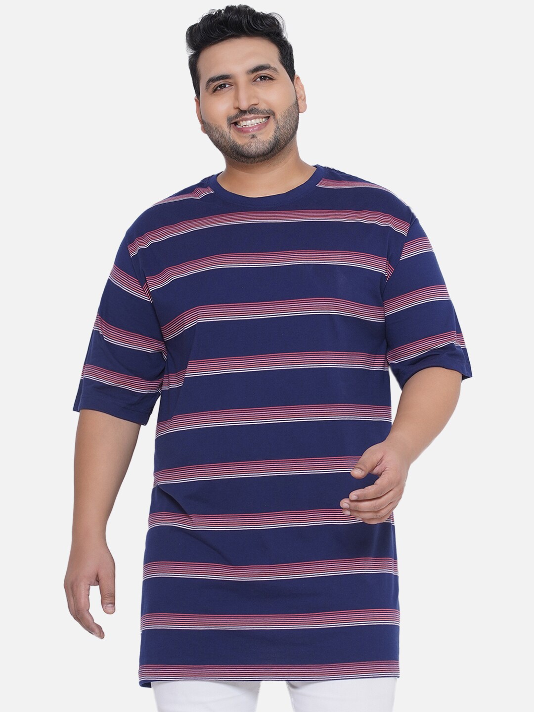 

Santonio Men plus Size Striped Polo Collar Pure Cotton T-shirt, Navy blue