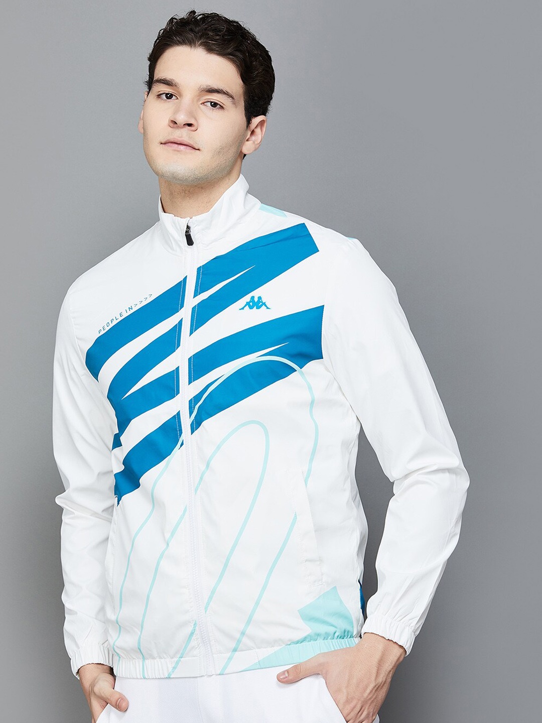 

Kappa Striped Stand Collar Training or Gym Sporty Jacket, White