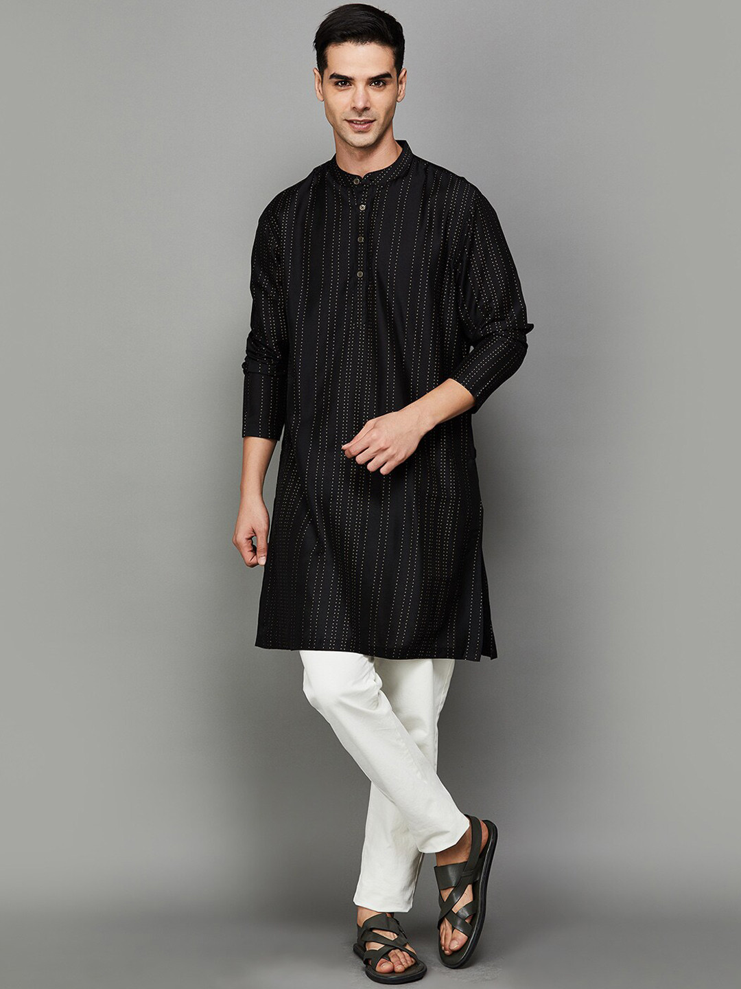 

Melange by Lifestyle Vertical Striped Mandarin Collar Pure Cotton Kurta, Black