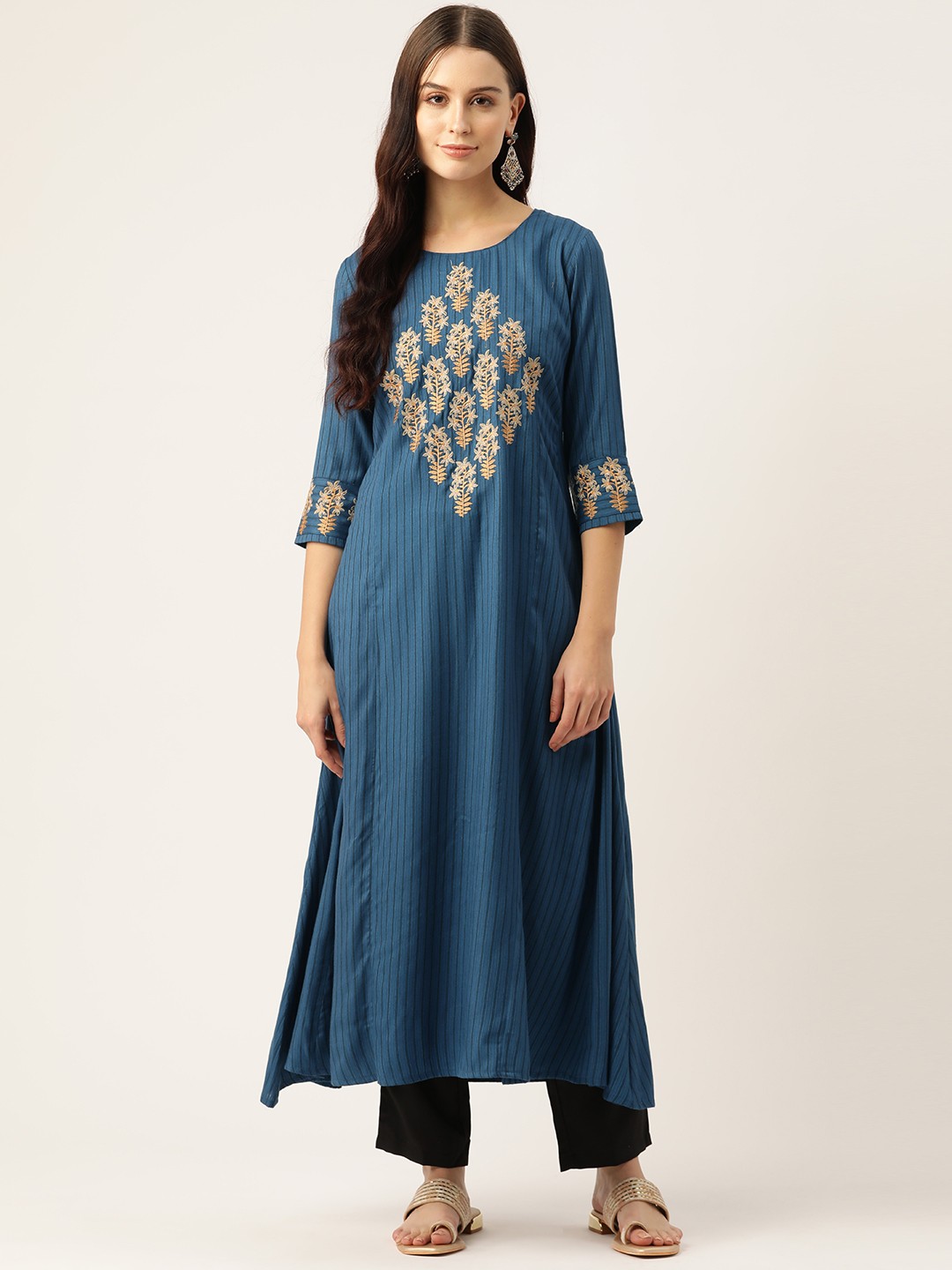 

Rue Collection Women Floral Yoke Design Thread Work Kurta, Teal