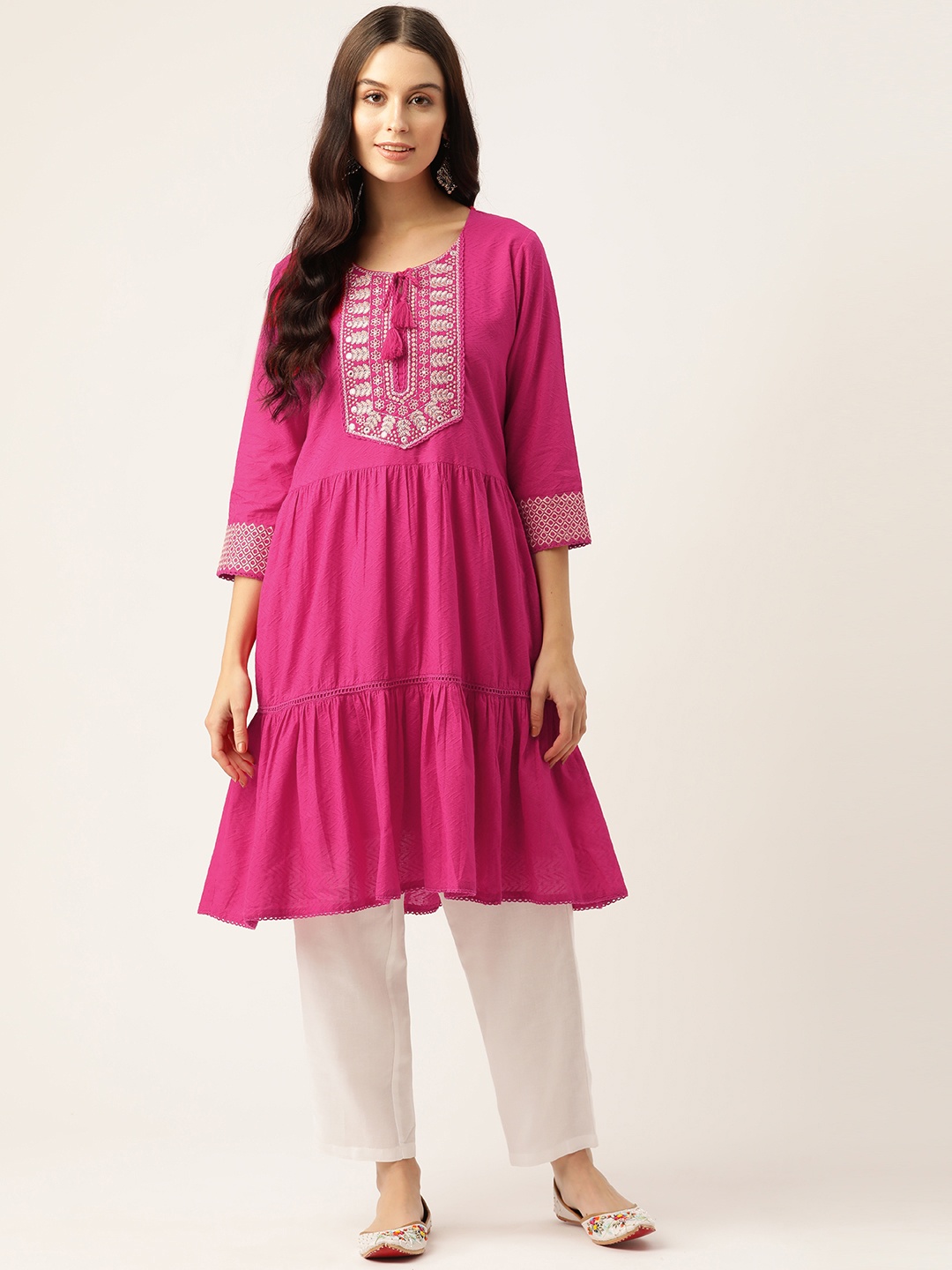 

Rue Collection Women Floral Yoke Design Sequinned Cotton Dobby Kurta, Pink