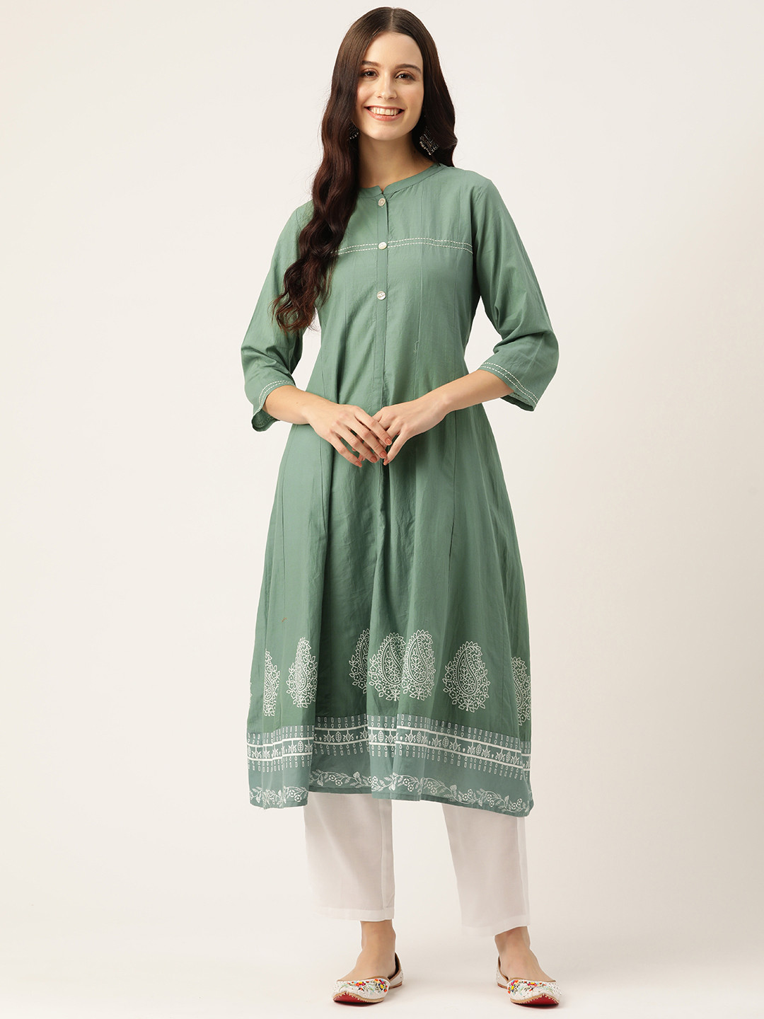 

Rue Collection Ethnic Motifs Printed Kantha Work Kurta, Green