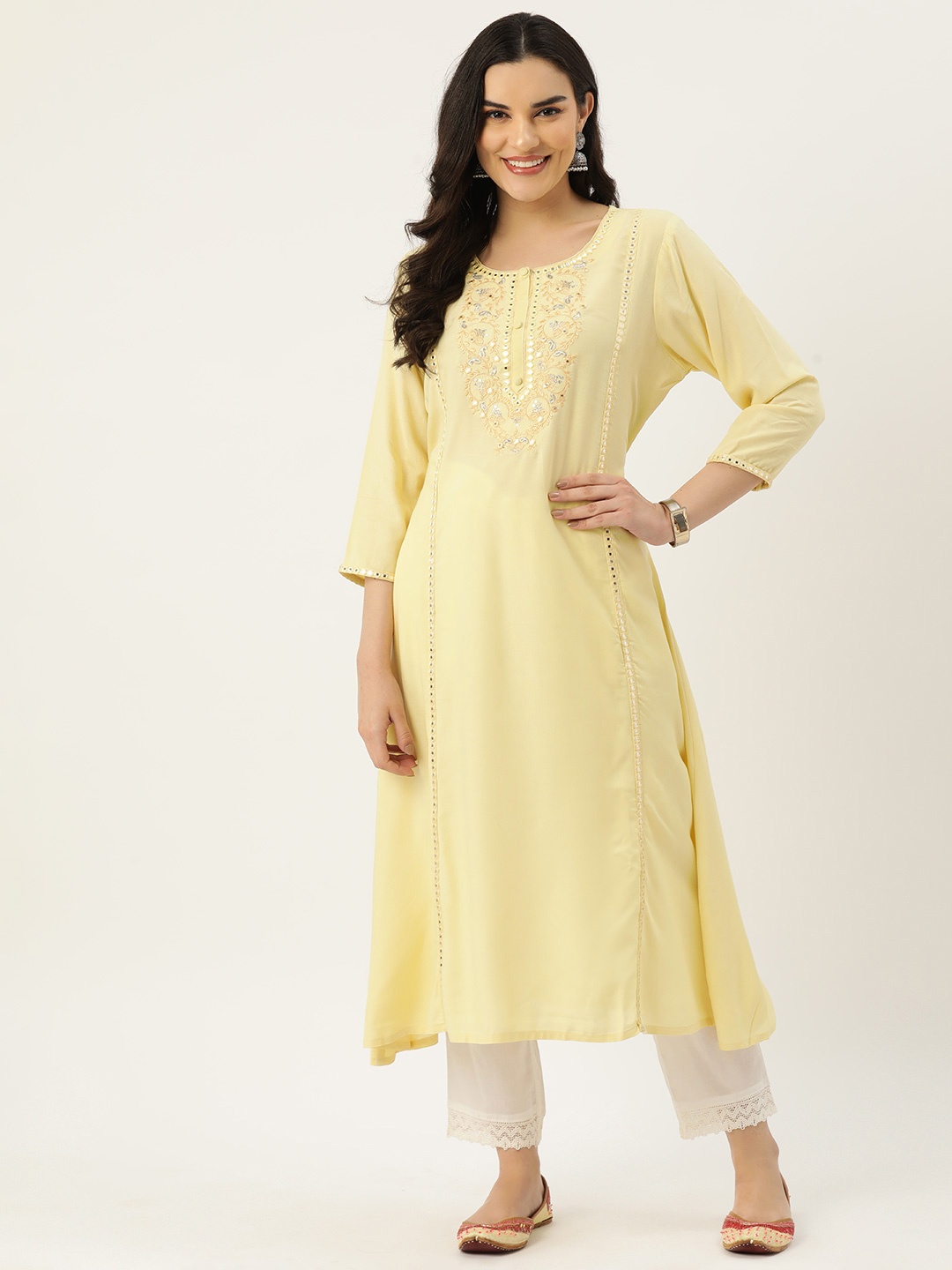 

Rue Collection Women Ethnic Motifs Yoke Design Embellished Kurta, Yellow