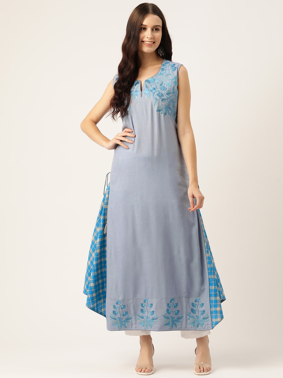 

Rue Collection Floral Printed Mirror Work Kurta, Blue