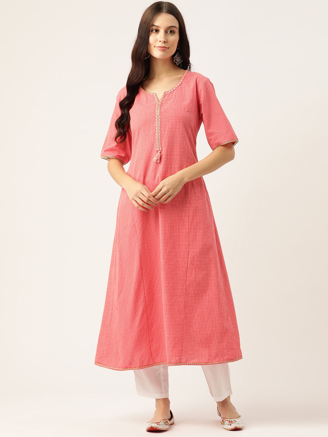 

Rue Collection Checked Zari Kurta, Peach