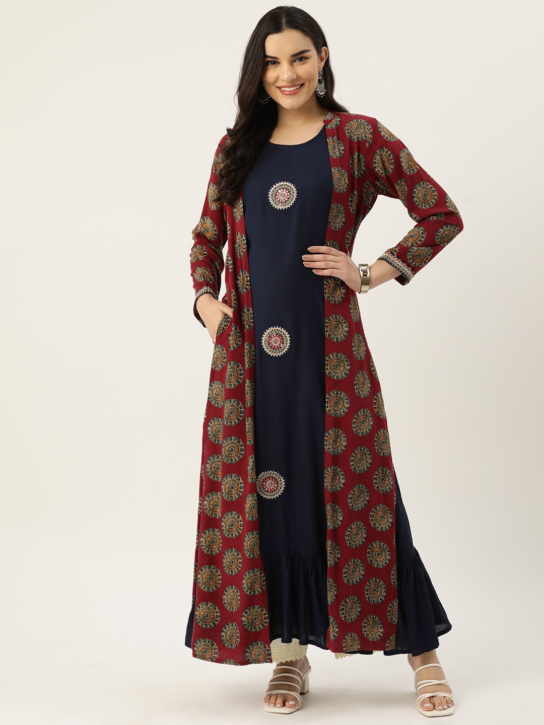 

Rue Collection Women Ethnic Motifs Embellished Mirror Work Anarkali Kurta With A Jacket, Navy blue