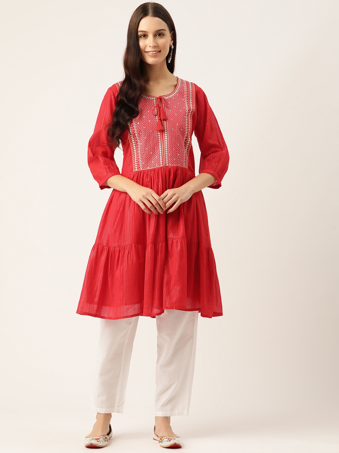 

Rue Collection Geometric Embroidered Sequinned Dobby Kurta, Red