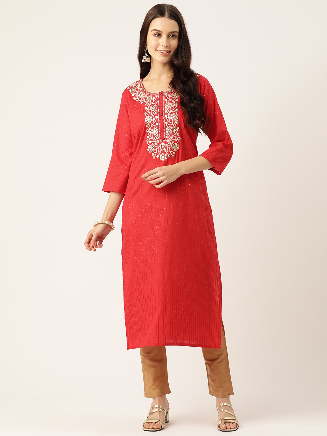 

Rue Collection Floral Embroidered Mirror Work Kurta, Red