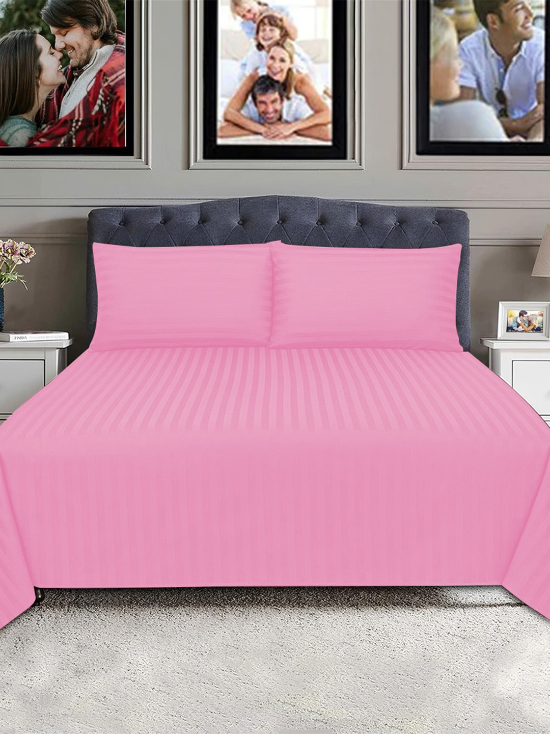 

Adbeni Pink Striped 250 TC Queen Bedsheet with 2 Pillow Covers