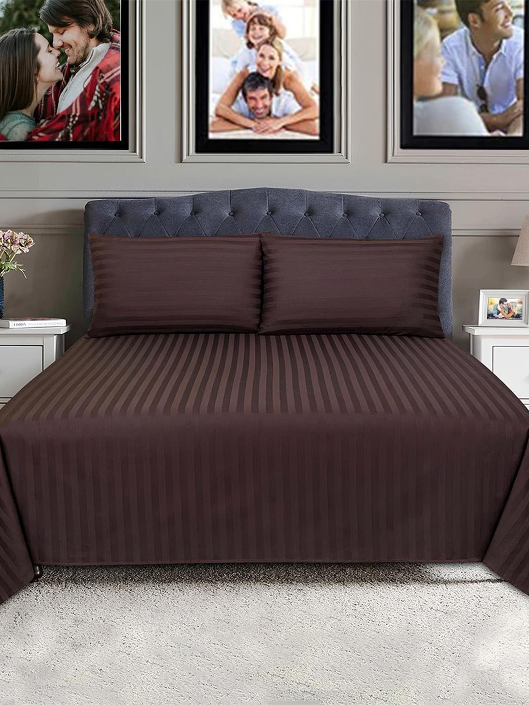 

Adbeni Brown Striped 250 TC Single Bedsheet with 1 Pillow Cover