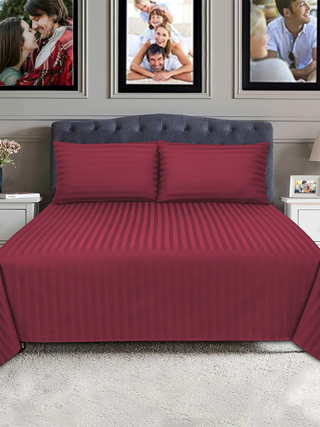 

Adbeni Maroon Striped 250 TC King Bedsheet with 2 Pillow Covers