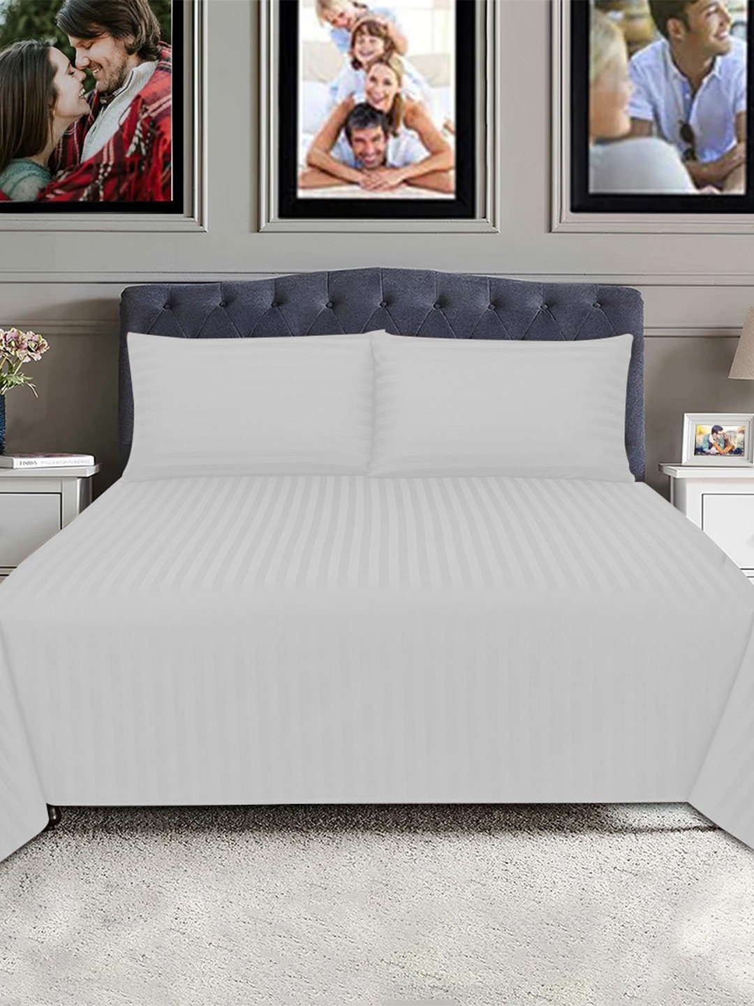 

Adbeni Grey Striped Polycotton 300 TC King Bedsheet With 2 Pillow Covers