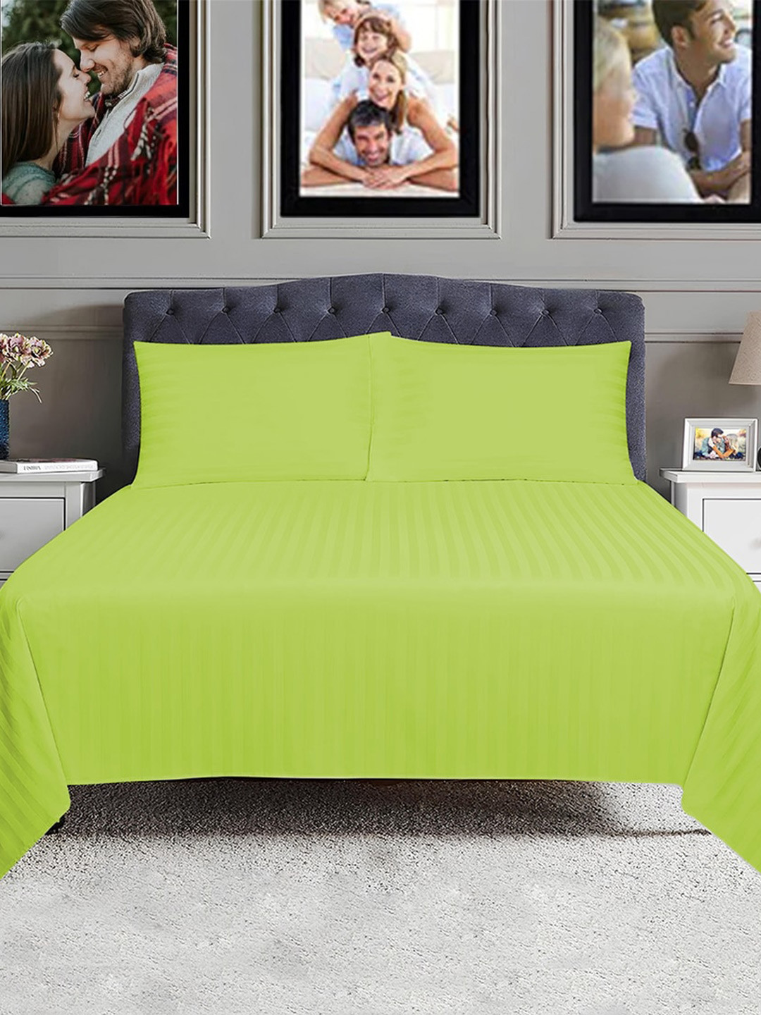 

Adbeni Green Striped 300 TC Queen Bedsheet With 2 Pillow Covers