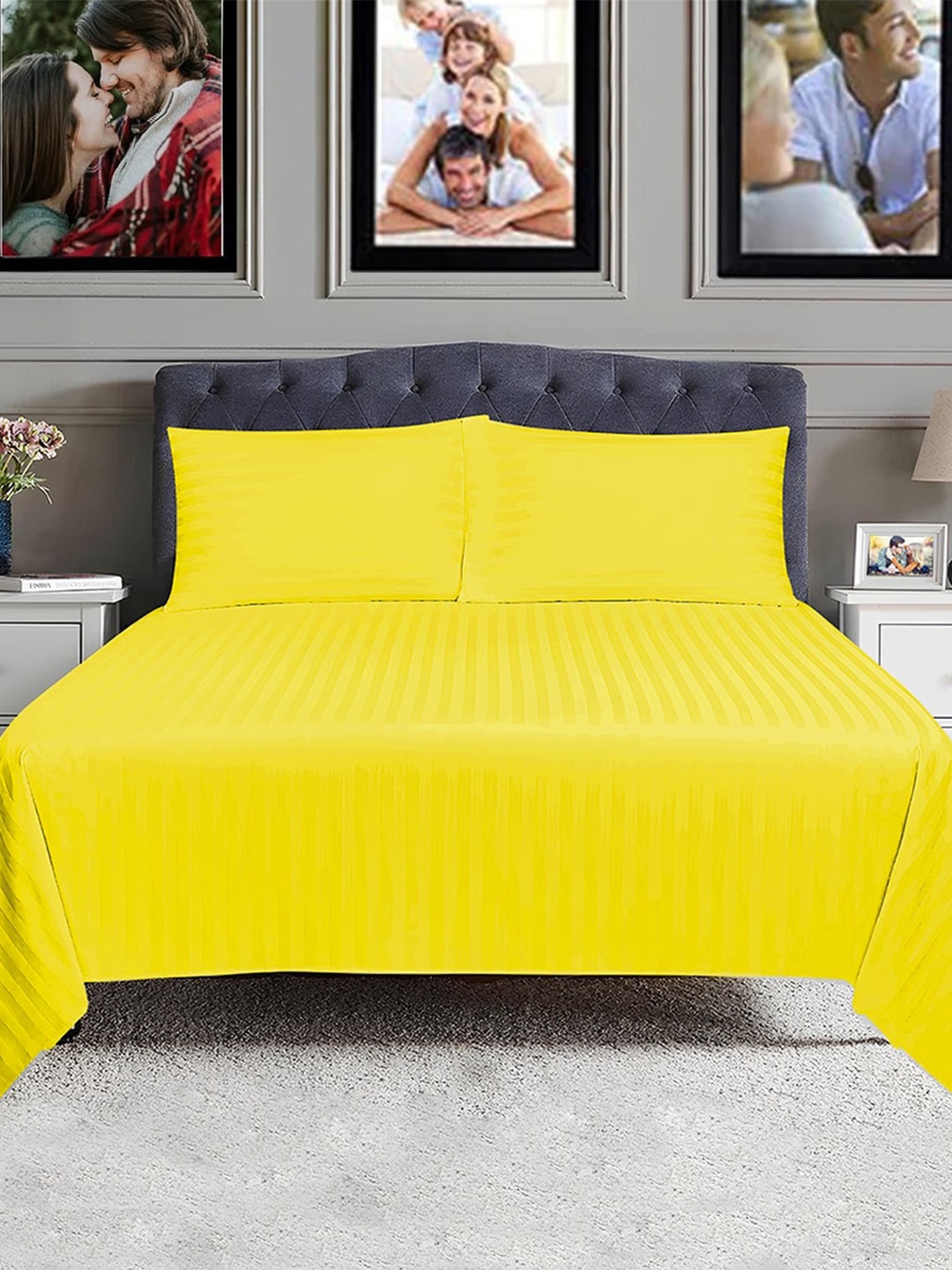 

Adbeni Yellow Striped 250 TC Queen Bedsheet with 2 Pillow Covers