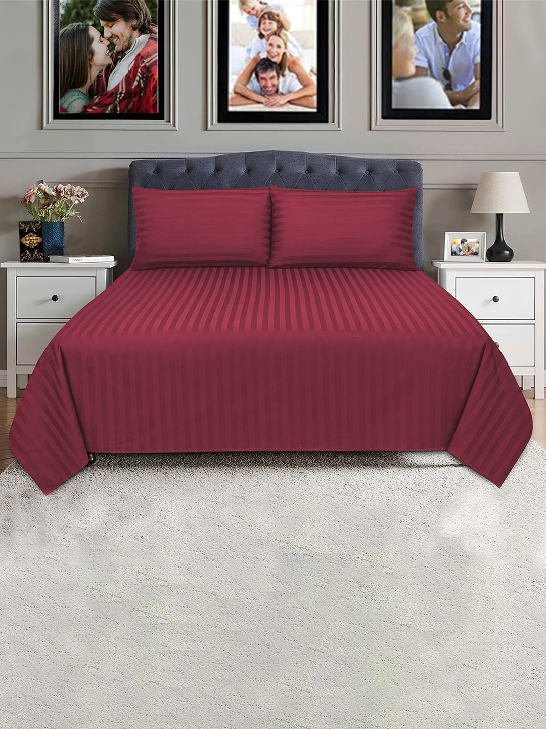 

Adbeni Maroon Striped 250 TC Queen Bedsheet with 2 Pillow Covers