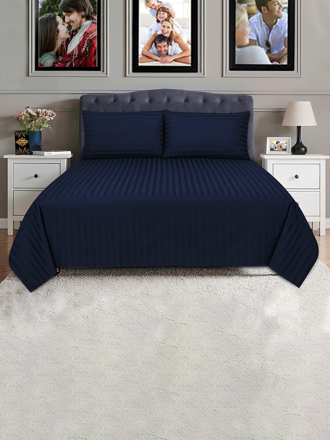 

Adbeni Navy Blue Striped 250 TC King Bedsheet with 2 Pillow Covers