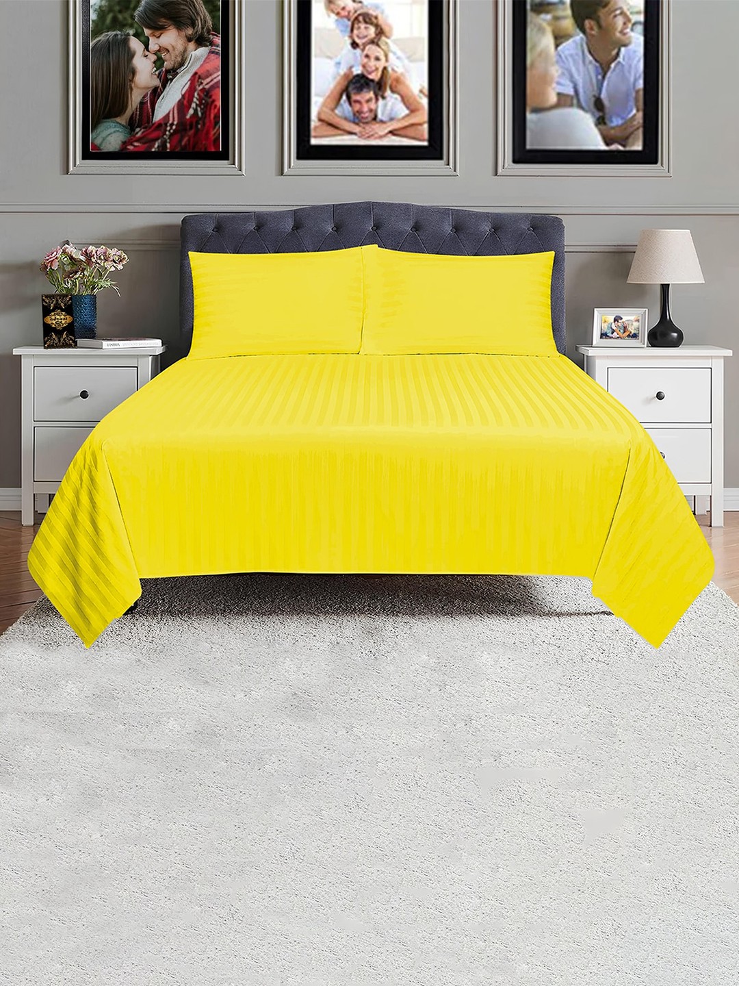 

Adbeni Yellow Striped 250 TC Single Bedsheet with 2 Pillow Covers