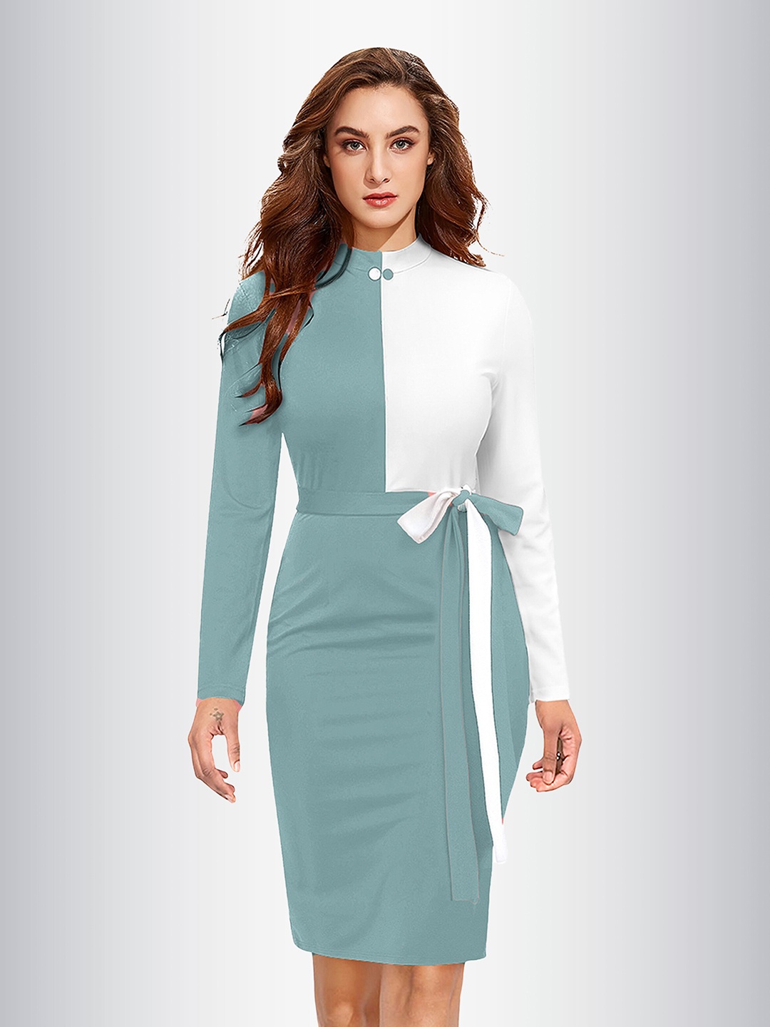 

N N ENTERPRISE Colourblocked Tie Ups Sheath Dress, Sea green