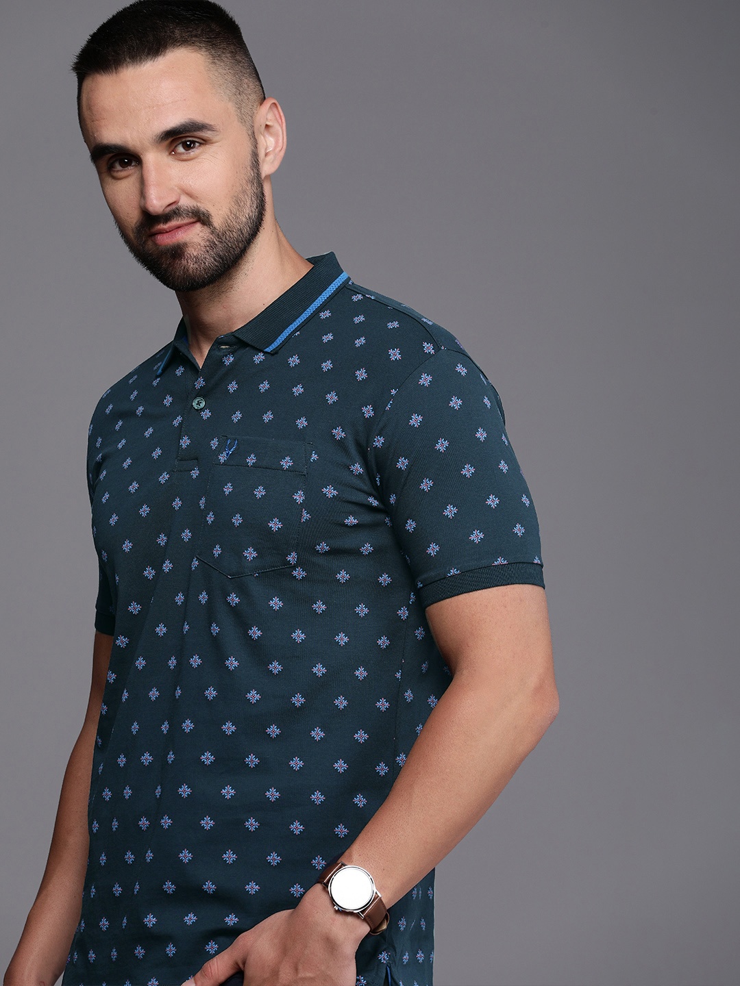 

Allen Solly Printed Polo Collar Pure Cotton T-shirt, Navy blue