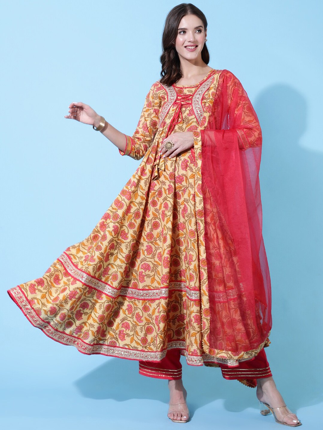 

GLAM ROOTS Floral Printed Gotta Patti Anarkali Kurta with Palazzos & With Dupatta, Mustard