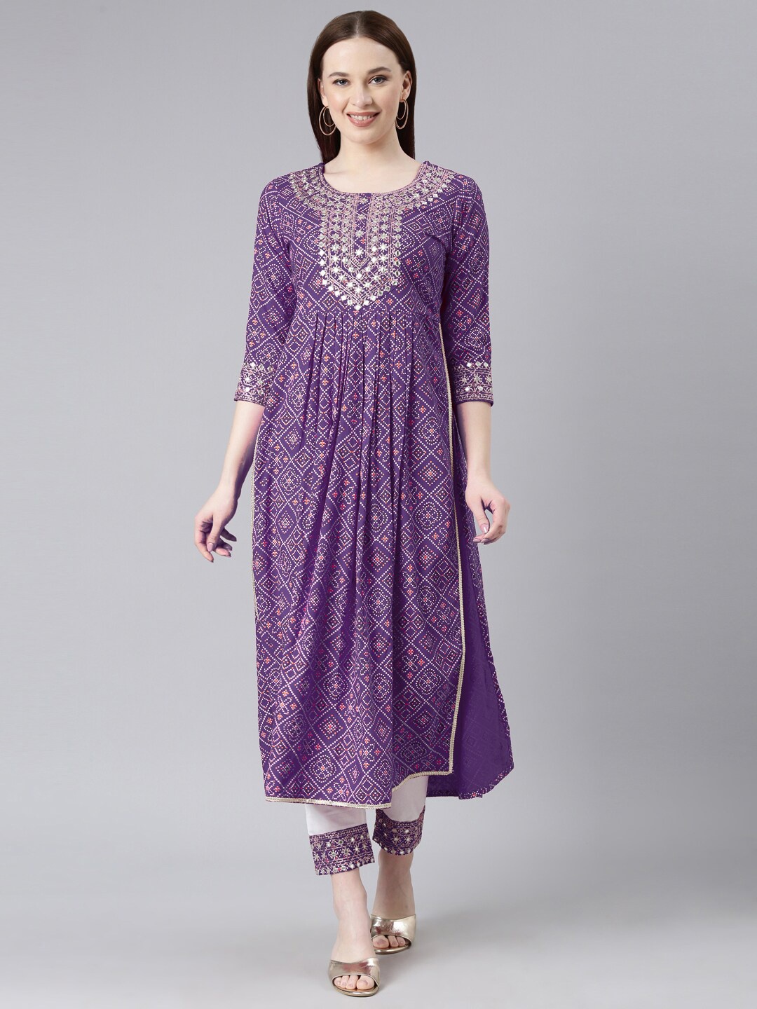 ERISHA Bandhani Printed Mirror Work A-Line Kurta With Trousers, Purple