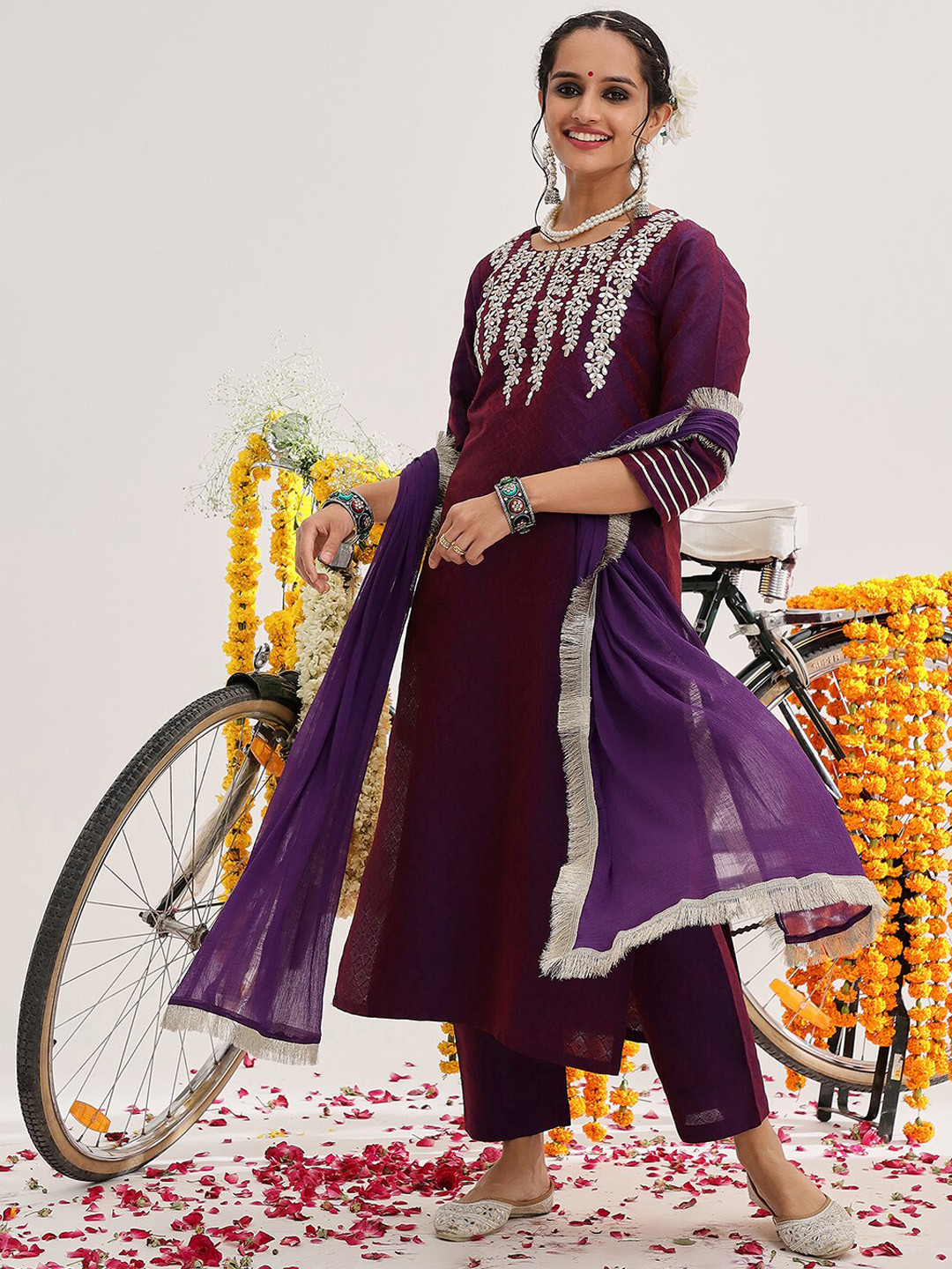 

Varanga Woven Design Thread Work Regular Gotta Patti Kurta with Trousers & Dupatta, Purple