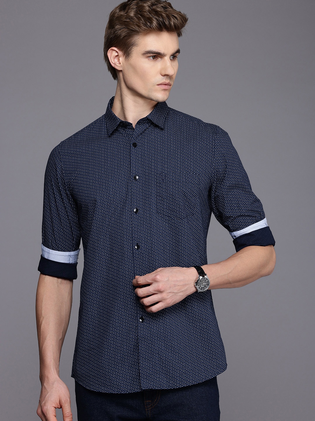 

Allen Solly Pure Cotton Modern Fit Geometric Printed Casual Shirt, Navy blue