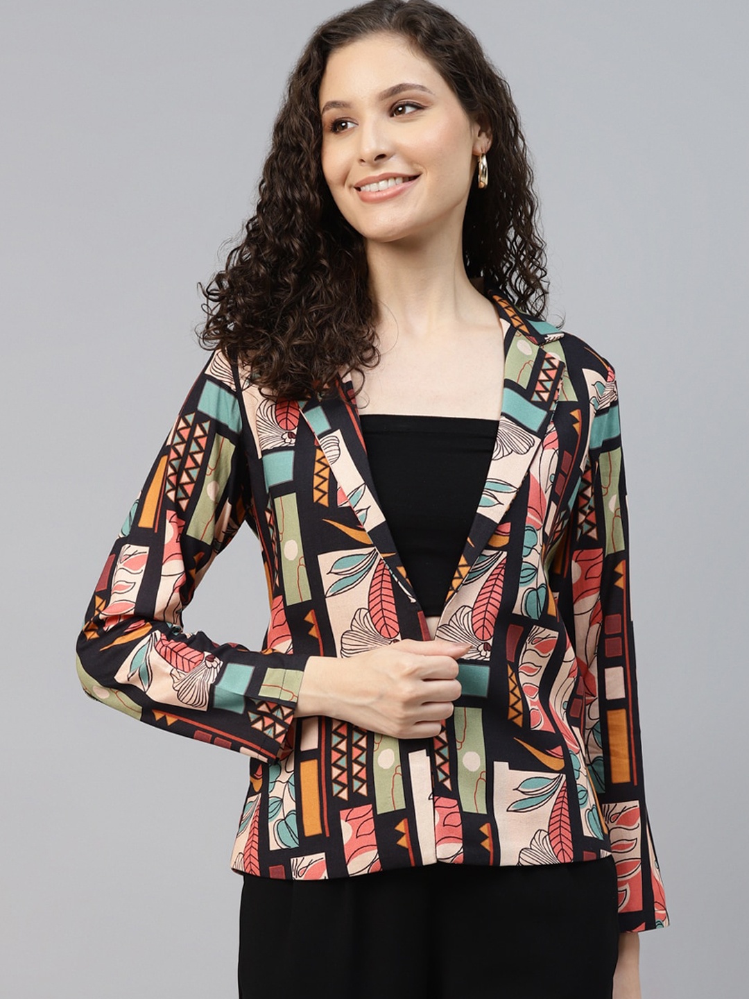 

DEEBACO Abstract Viscose Rayon Single Breasted Blazer, Black