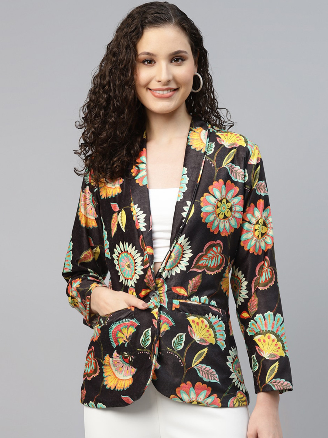 

DEEBACO Floral Printed Velvet Shawl Collar Single Breasted Blazer, Black
