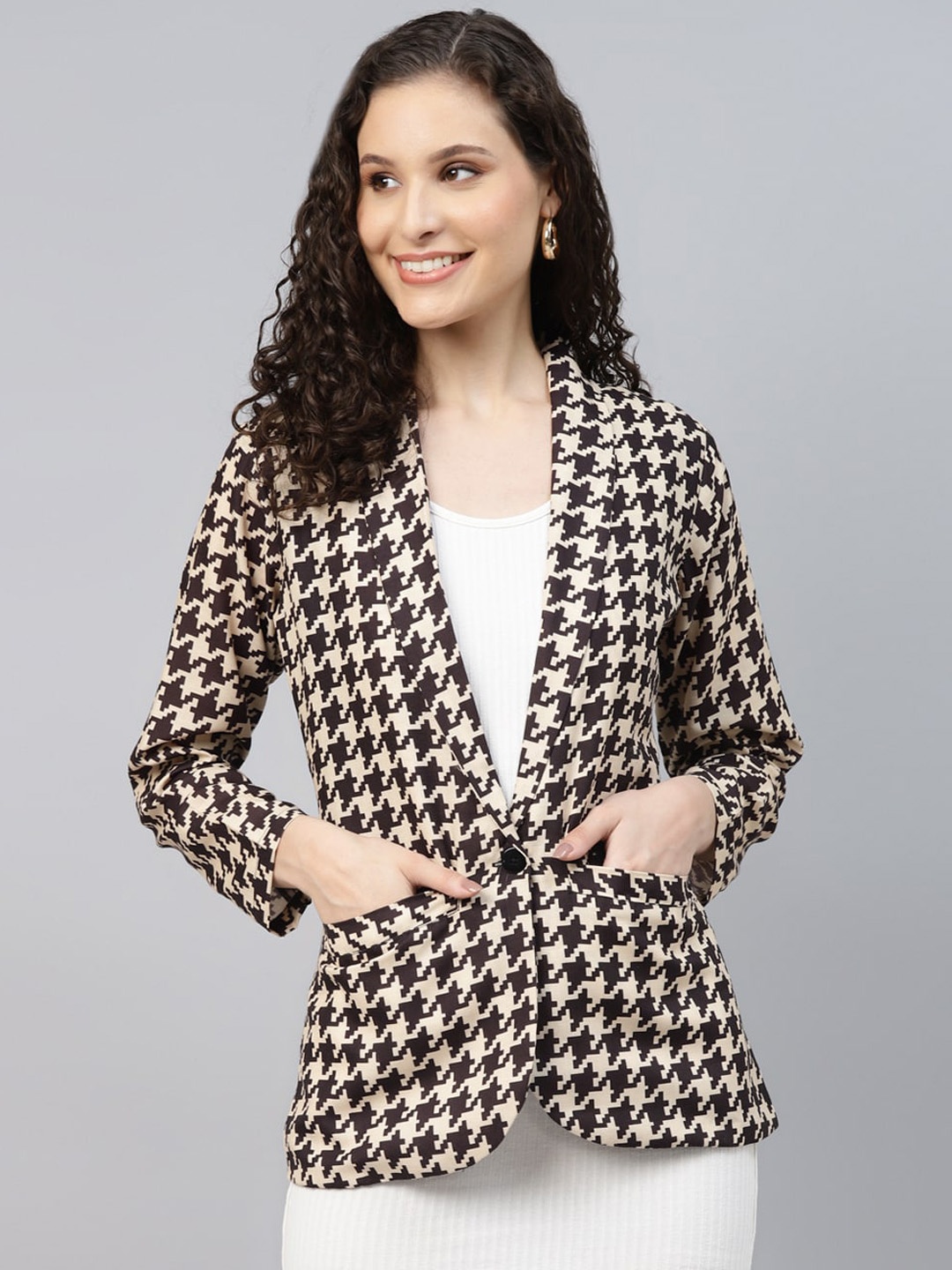 

DEEBACO Printed Cotton Single-Breasted Blazer, Beige