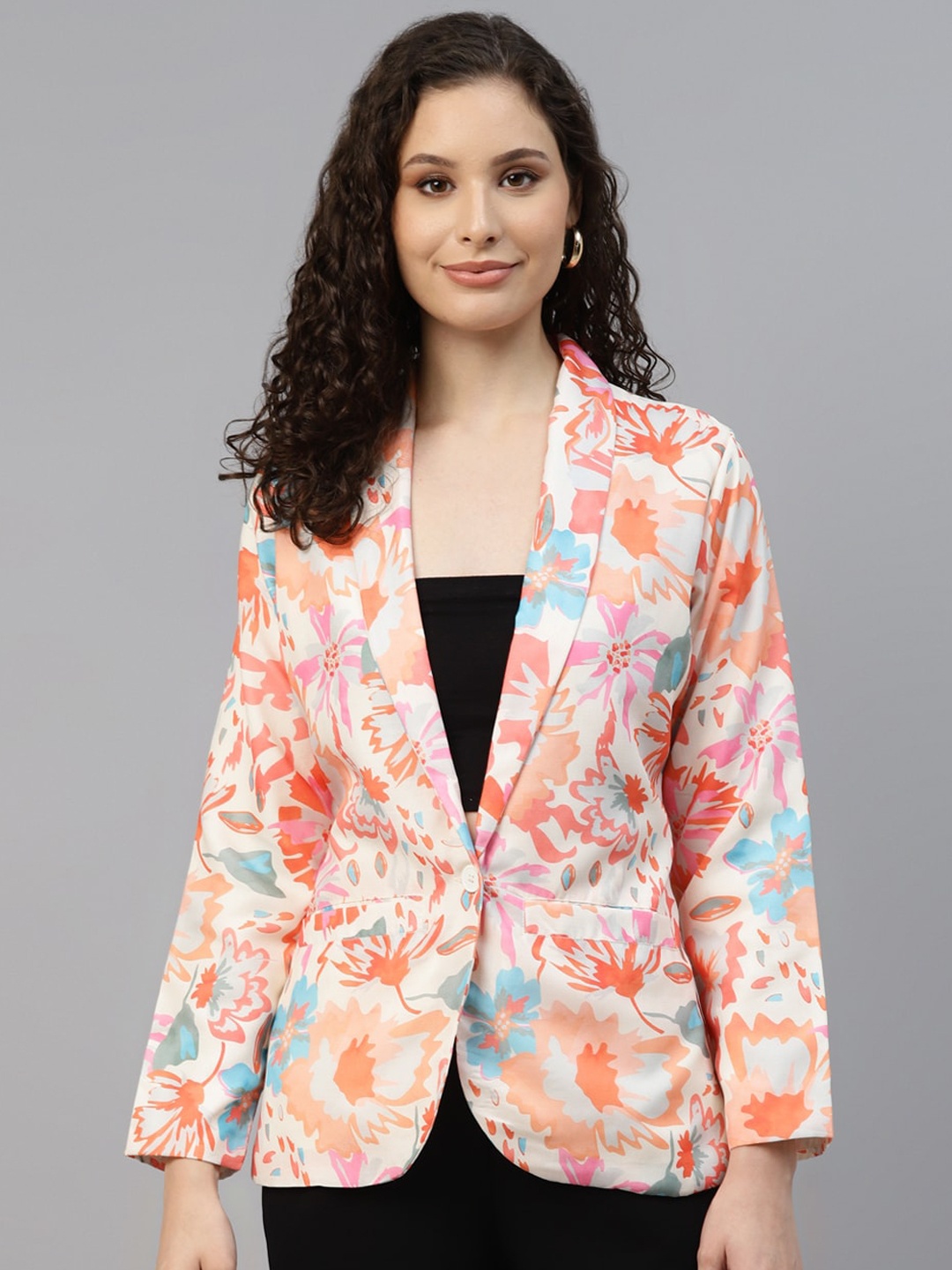 

DEEBACO Floral Printed Shawl Collar Cotton Single-Breasted Blazer, Peach