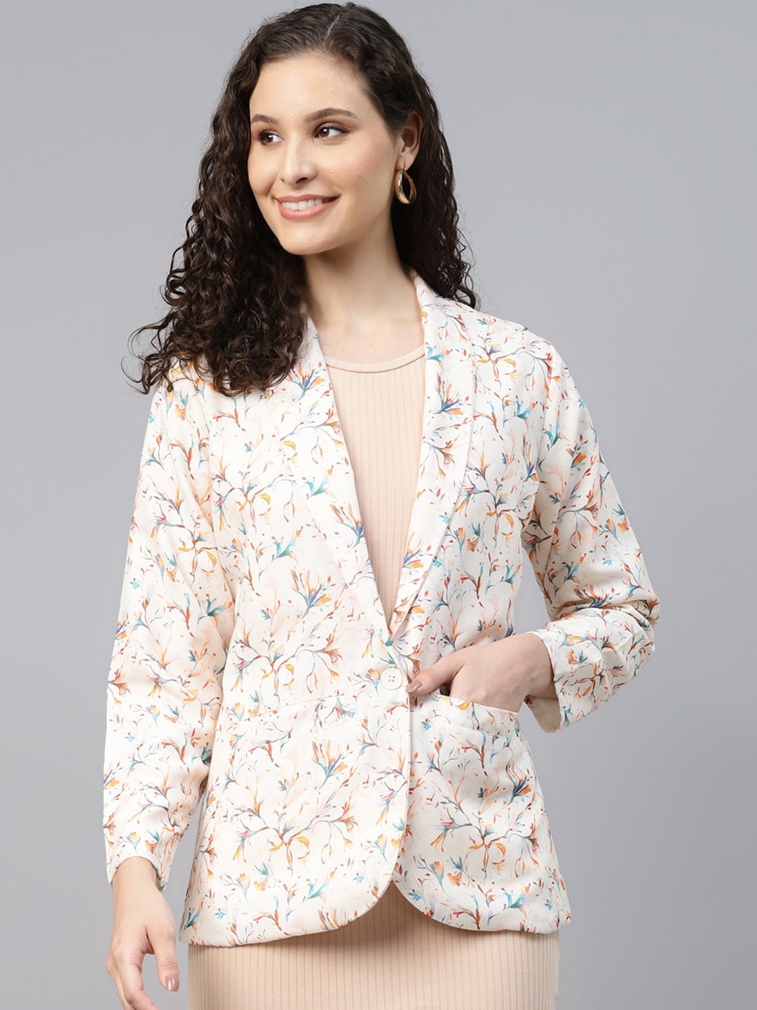 

DEEBACO Floral Printed Shawl Collar Cotton Single-Breasted Blazer, Off white