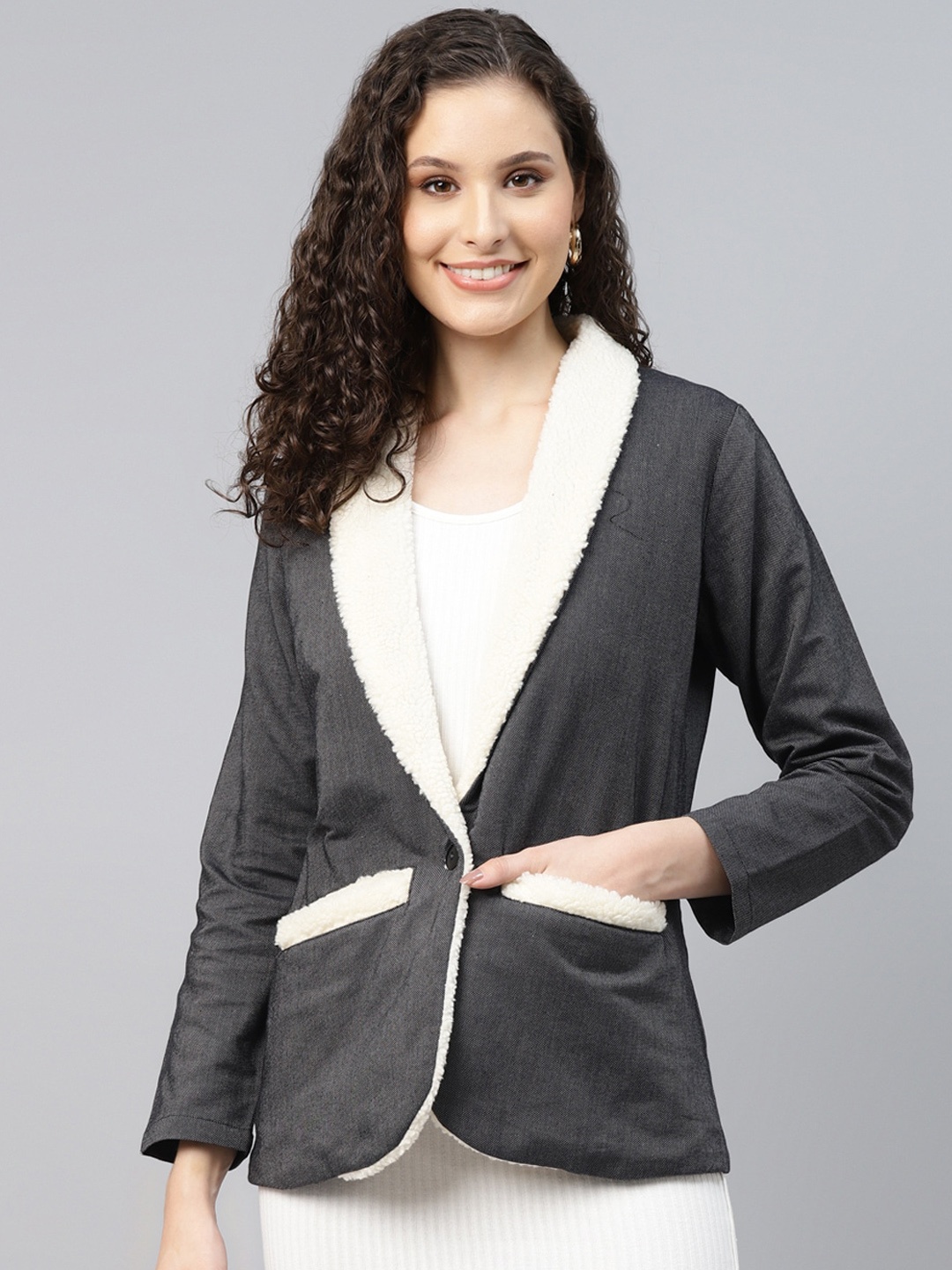 

DEEBACO Furr Collared Denim Single-Breasted Blazers, Grey
