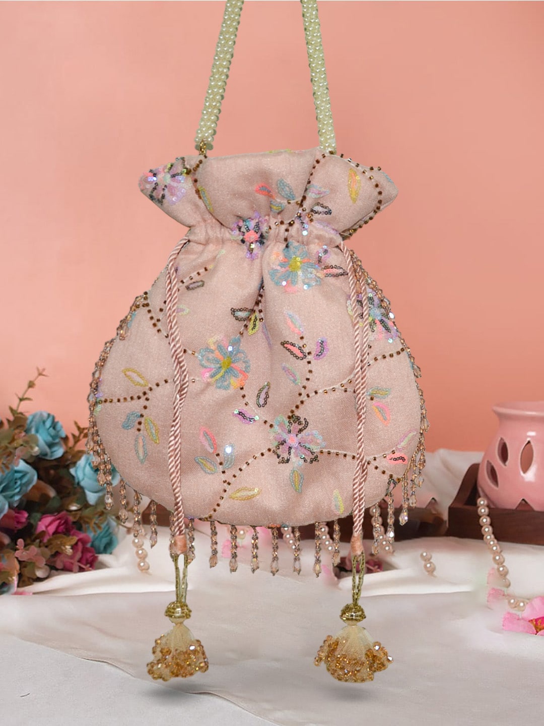 

ARTFLYCK Embroidered Potli, Peach