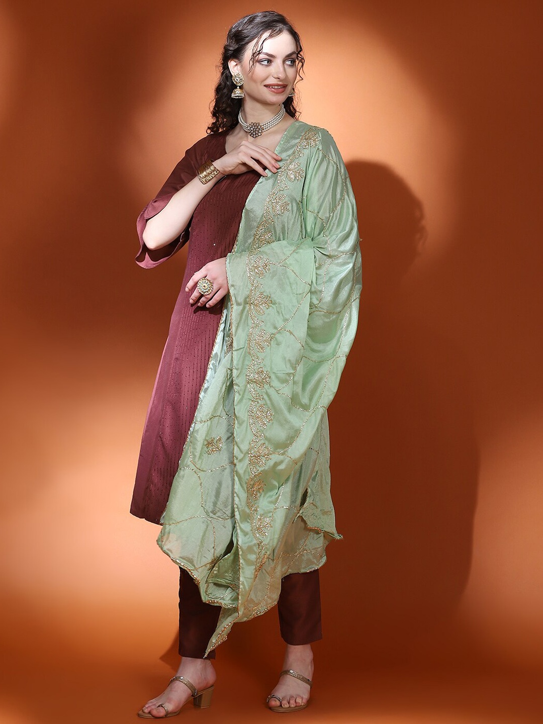 

AKS Couture Round Neck Bell Sleeve A-Line Sequinned Kurta With Trousers & Dupatta, Rust