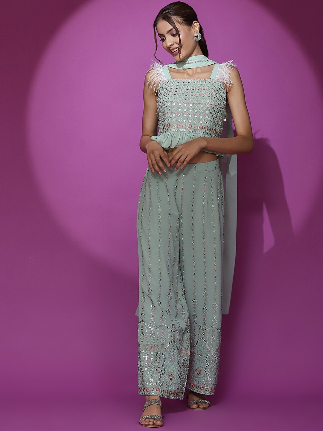 

AKS Couture Embroidered Georgette Crop Top And Palazzos WIth Dupatta, Sea green
