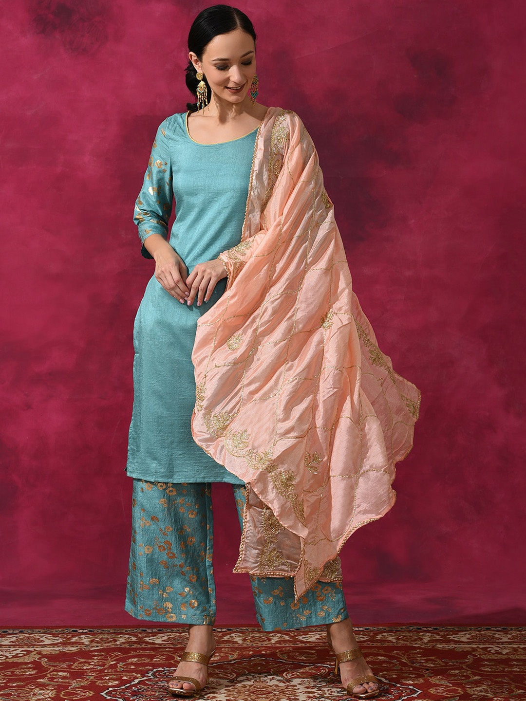 

AKS Couture Floral Printed Regular Thread Work Kurta With Palazzos & Dupatta, Blue