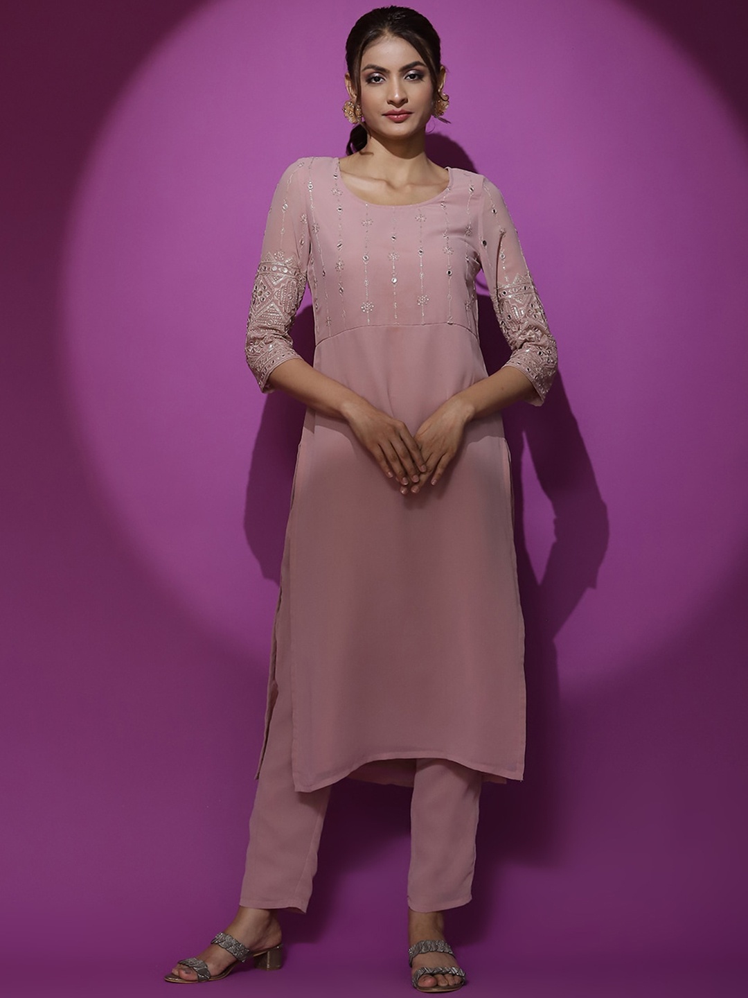 

AKS Couture Floral Embroidered Thread Work Georgette Straight Kurta, Pink