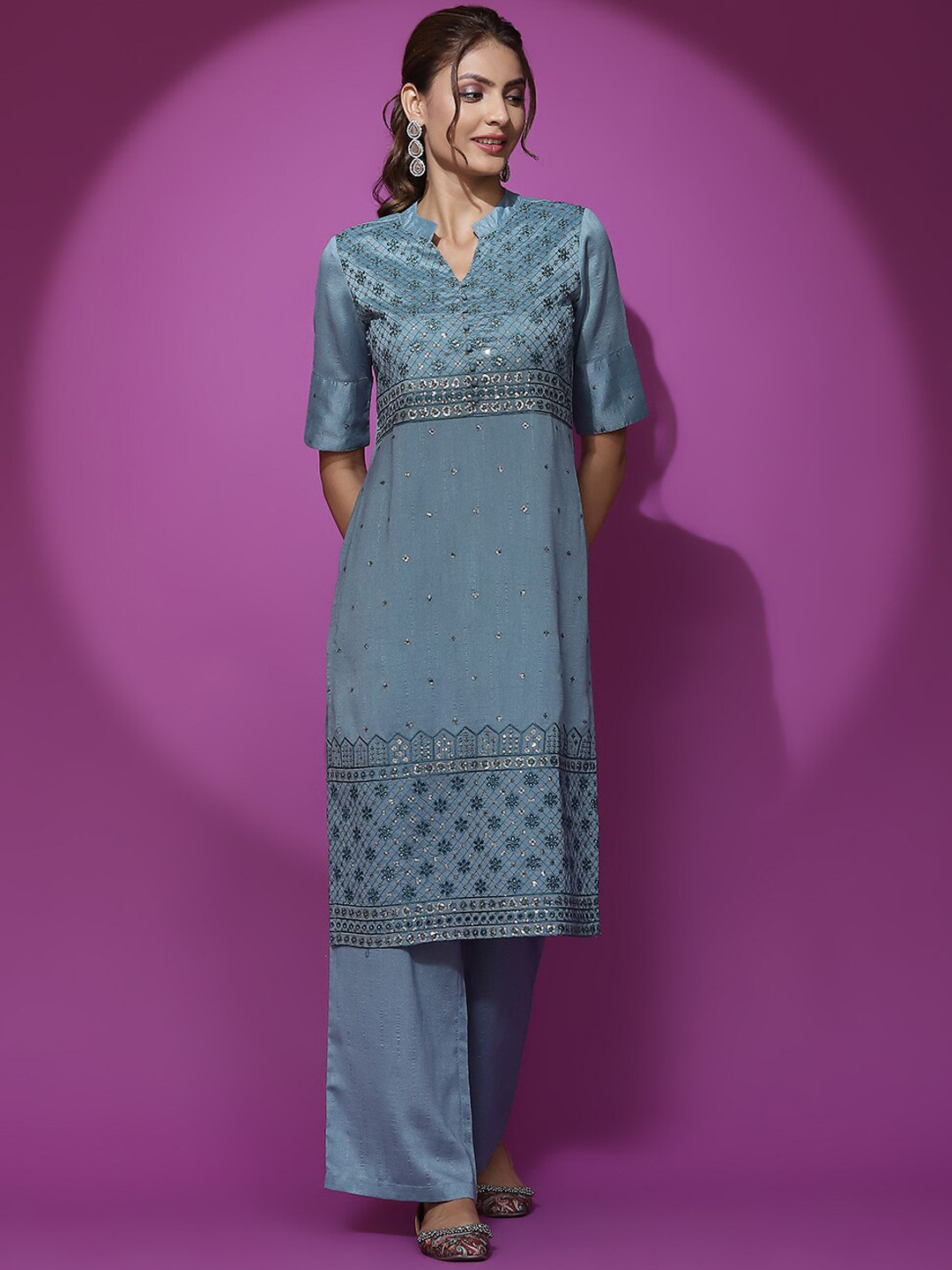 

AKS Couture Ethnic Motifs Embroidered Sequinned Straight Kurta With Palazzos, Blue