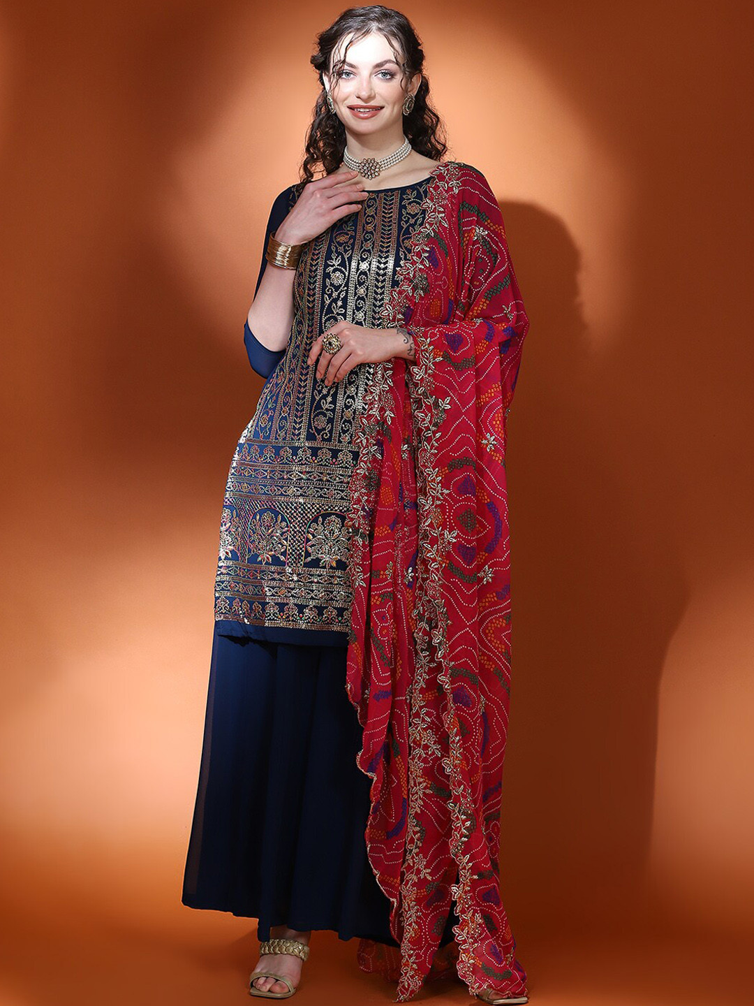 

AKS Couture Ethnic Motifs Embroidered Sequinned Straight Kurta & Palazzos With Dupatta, Blue