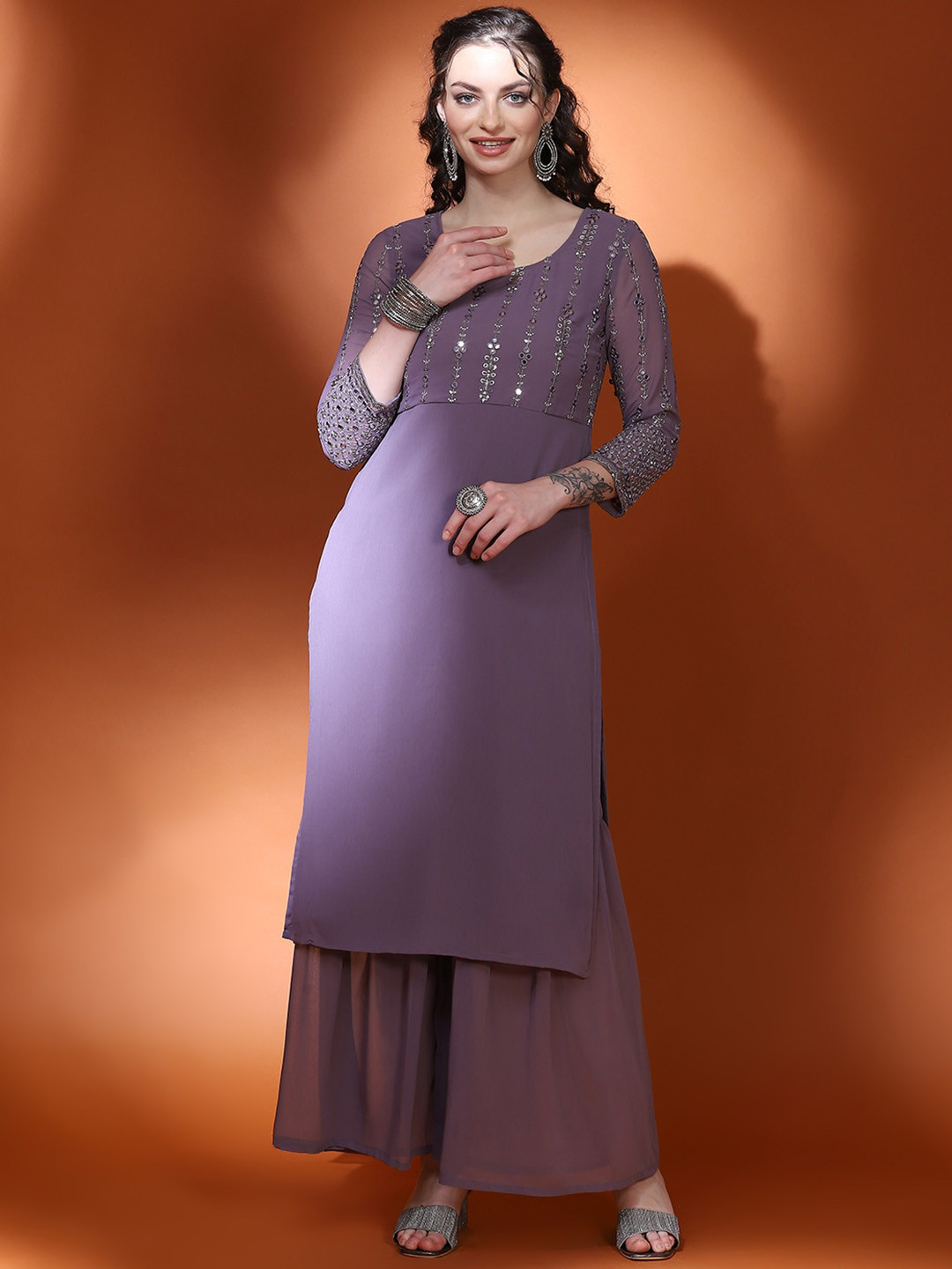 

AKS Couture Floral Yoke Design Sequinned Straight Kurta, Lavender