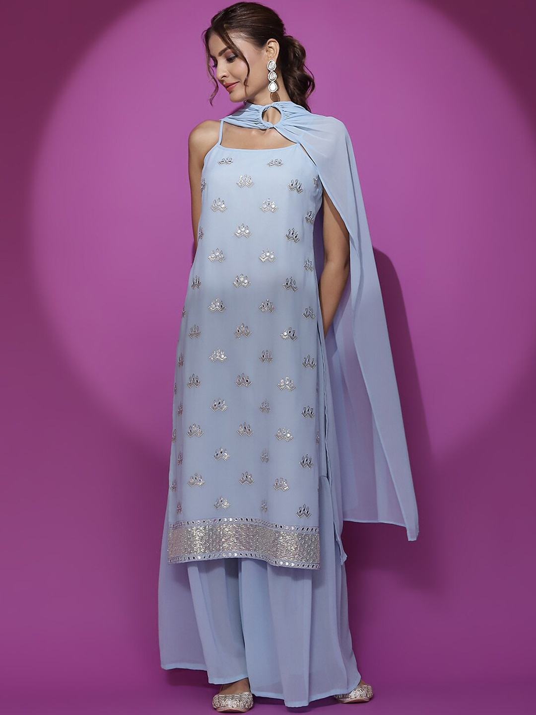 

AKS Couture Ethnic Motifs Embroidered Mirror Work Straight Kurta & Sharara With Dupatta, Blue