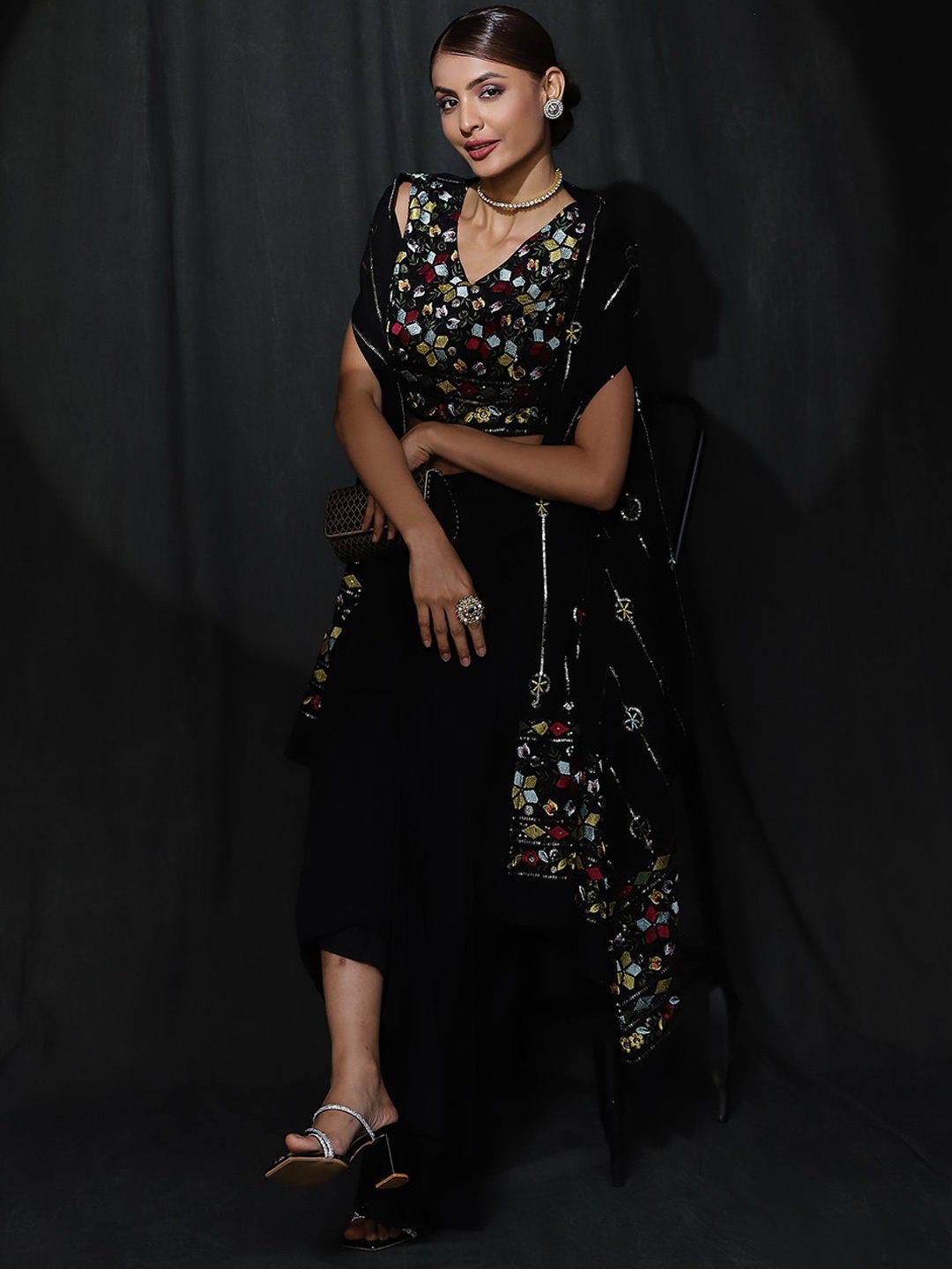 

AKS Couture Embroidered Crop Top & Front Open Shrug With Skirt, Black